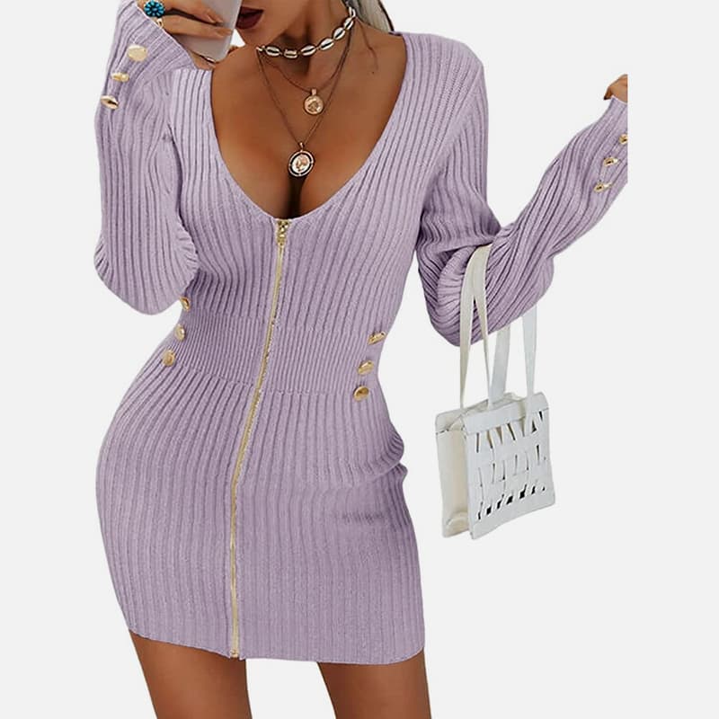 SM-K0078 Kurzes, dünnes Strickkleid mit V-Ausschnitt, langen Ärmeln und Reißverschluss SM-K0078 Kurzes, dünnes Strickkleid mit V-Ausschnitt, langen Ärmeln und Reißverschluss