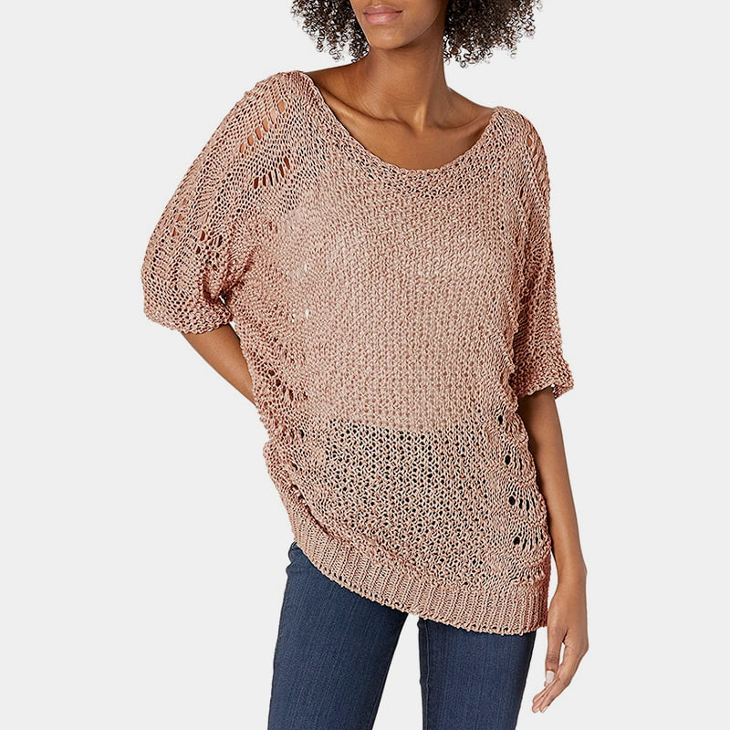 SM-K0060 Rundhalsausschnitt, ausgehöhlter Strickpullover mit Sonnenschutz und kurzen Ärmeln SM-K0060 Rundhalsausschnitt, ausgehöhlter Strickpullover mit Sonnenschutz und kurzen Ärmeln