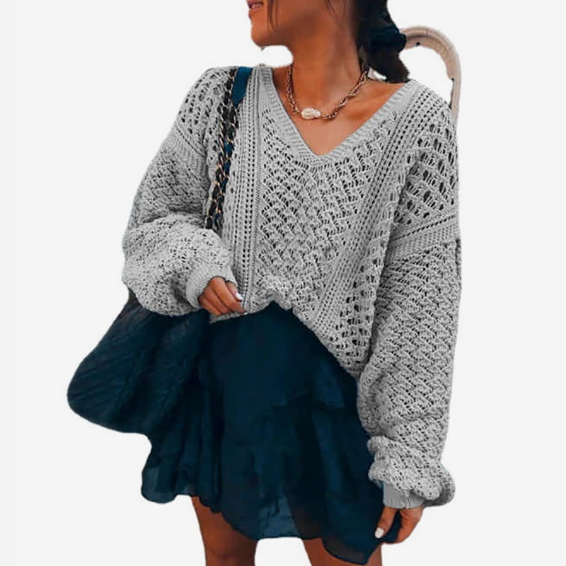 SM-K0082 Einfarbiger Hohlstrickpullover mit V-Ausschnitt SM-K0082 Einfarbiger Hohlstrickpullover mit V-Ausschnitt