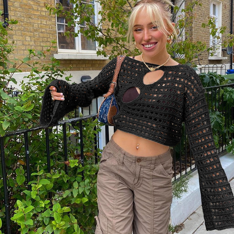 SM-K0084 Kurzer Strickpullover mit ausgehöhlten Hornärmeln SM-K0084 Kurzer Strickpullover mit ausgehöhlten Hornärmeln