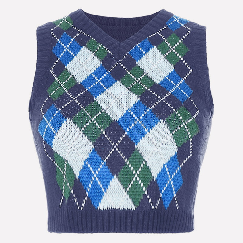 SM-K0058 Kurze Strickweste mit V-Ausschnitt und geometrischem Karomuster SM-K0058 Kurze Strickweste mit V-Ausschnitt und geometrischem Karomuster