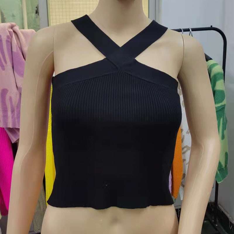 SM-K0106 Ärmellose Strickweste mit Kreuzriemen und hängendem Hals SM-K0106 Ärmellose Strickweste mit Kreuzriemen und hängendem Hals