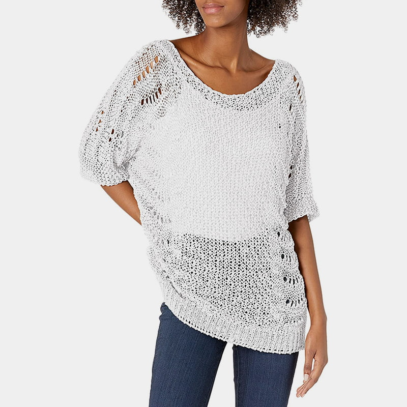 SM-K0060 Rundhalsausschnitt, ausgehöhlter Strickpullover mit Sonnenschutz und kurzen Ärmeln SM-K0060 Rundhalsausschnitt, ausgehöhlter Strickpullover mit Sonnenschutz und kurzen Ärmeln