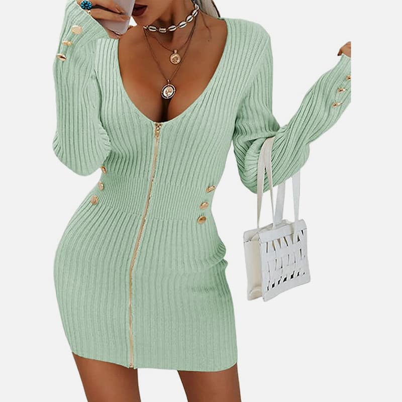 SM-K0078 Kurzes, dünnes Strickkleid mit V-Ausschnitt, langen Ärmeln und Reißverschluss SM-K0078 Kurzes, dünnes Strickkleid mit V-Ausschnitt, langen Ärmeln und Reißverschluss