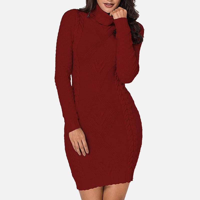 SM-K0063 Strickkleid mit hohem Kragen und langen Ärmeln, schmaler Passform SM-K0063 Strickkleid mit hohem Kragen und langen Ärmeln, schmaler Passform