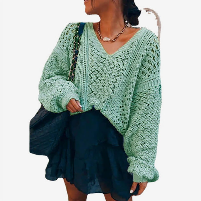 SM-K0082 Einfarbiger Hohlstrickpullover mit V-Ausschnitt SM-K0082 Einfarbiger Hohlstrickpullover mit V-Ausschnitt