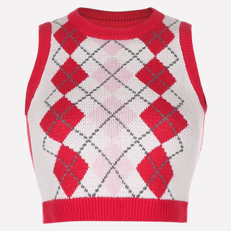 SM-K0058 Kurze Strickweste mit V-Ausschnitt und geometrischem Karomuster SM-K0058 Kurze Strickweste mit V-Ausschnitt und geometrischem Karomuster