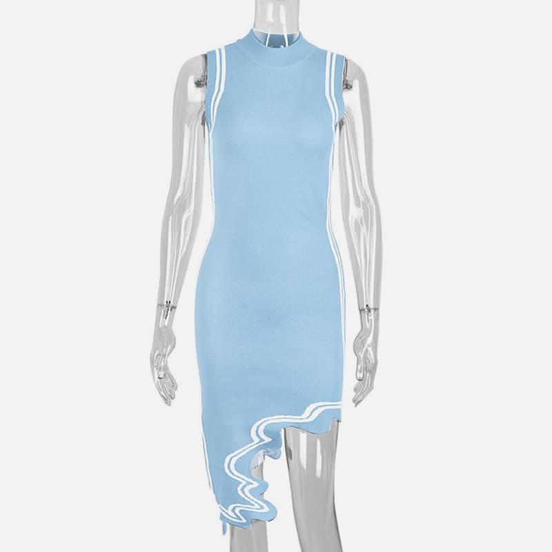 SM-K0079 Ärmelloses asymmetrisches Strickkleid mit Rundhalsausschnitt und unregelmäßigen Streifen SM-K0079 Ärmelloses asymmetrisches Strickkleid mit Rundhalsausschnitt und unregelmäßigen Streifen