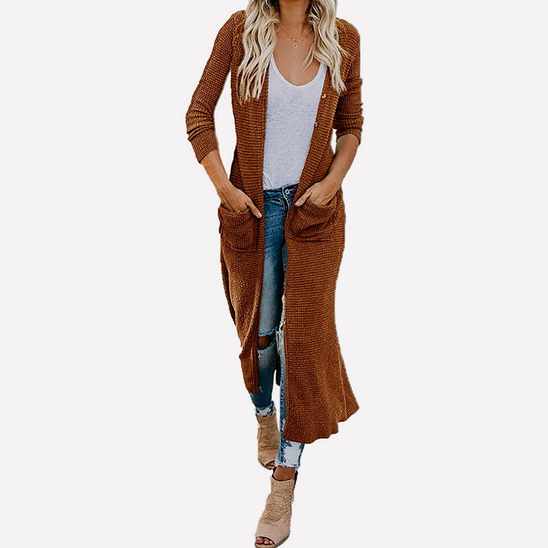 SM-K0074 Langer, einfarbiger Strickjackenmantel mit V-Ausschnitt und Taschen SM-K0074 Langer, einfarbiger Strickjackenmantel mit V-Ausschnitt und Taschen