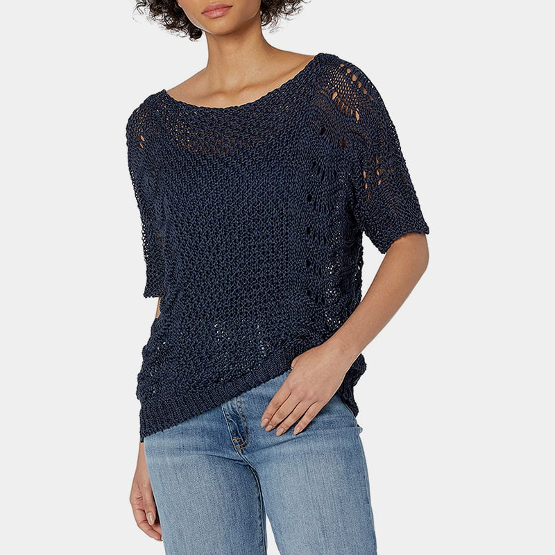 SM-K0060 Rundhalsausschnitt, ausgehöhlter Strickpullover mit Sonnenschutz und kurzen Ärmeln SM-K0060 Rundhalsausschnitt, ausgehöhlter Strickpullover mit Sonnenschutz und kurzen Ärmeln