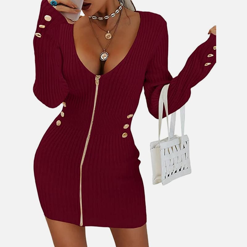 SM-K0078 Kurzes, dünnes Strickkleid mit V-Ausschnitt, langen Ärmeln und Reißverschluss SM-K0078 Kurzes, dünnes Strickkleid mit V-Ausschnitt, langen Ärmeln und Reißverschluss
