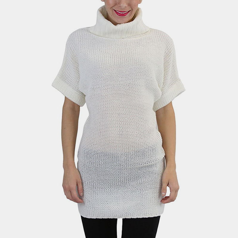 SM-K0067 Einfarbiger, hüftlanger, kurzärmliger Strickpullover mit hohem Kragen SM-K0067 Einfarbiger, hüftlanger, kurzärmliger Strickpullover mit hohem Kragen