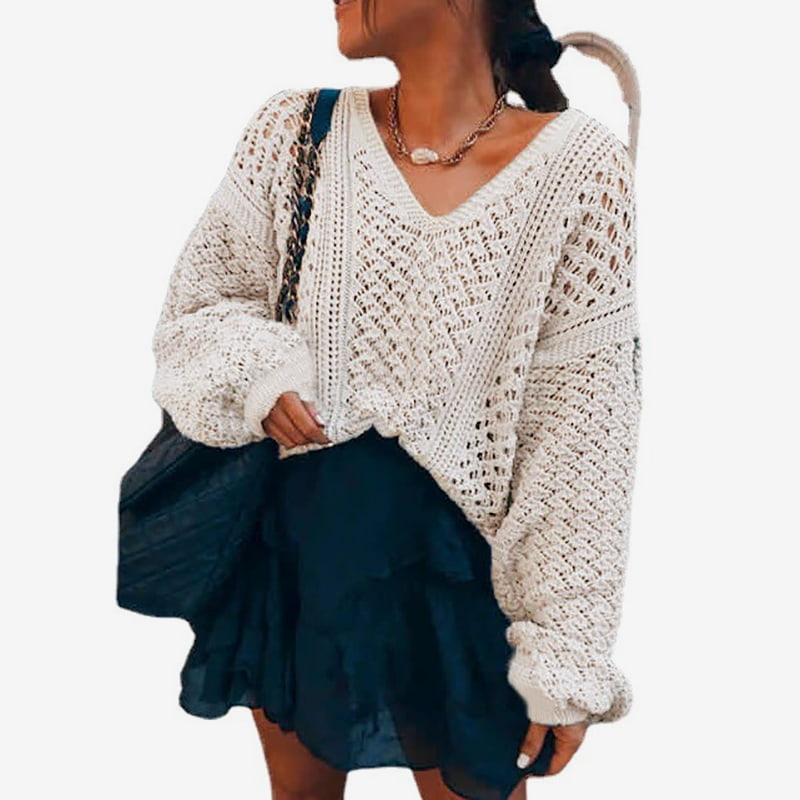 SM-K0082 Einfarbiger Hohlstrickpullover mit V-Ausschnitt SM-K0082 Einfarbiger Hohlstrickpullover mit V-Ausschnitt