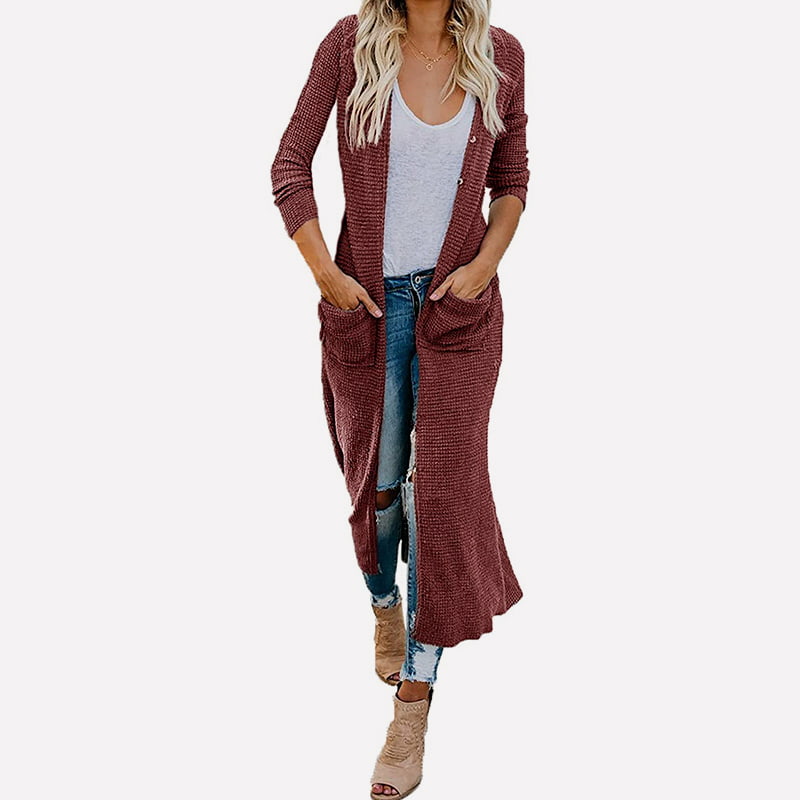 SM-K0074 Langer, einfarbiger Strickjackenmantel mit V-Ausschnitt und Taschen SM-K0074 Langer, einfarbiger Strickjackenmantel mit V-Ausschnitt und Taschen