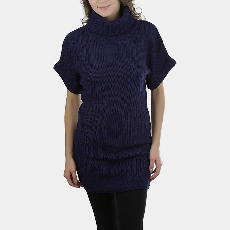 SM-K0067 Einfarbiger, hüftlanger, kurzärmliger Strickpullover mit hohem Kragen SM-K0067 Einfarbiger, hüftlanger, kurzärmliger Strickpullover mit hohem Kragen