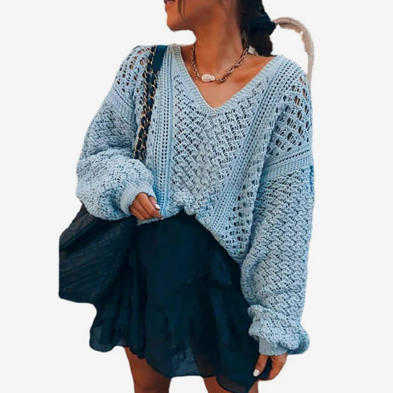 SM-K0082 Einfarbiger Hohlstrickpullover mit V-Ausschnitt SM-K0082 Einfarbiger Hohlstrickpullover mit V-Ausschnitt