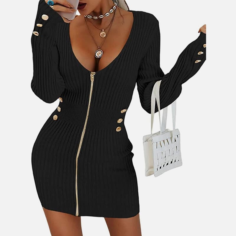 SM-K0078 Kurzes, dünnes Strickkleid mit V-Ausschnitt, langen Ärmeln und Reißverschluss SM-K0078 Kurzes, dünnes Strickkleid mit V-Ausschnitt, langen Ärmeln und Reißverschluss