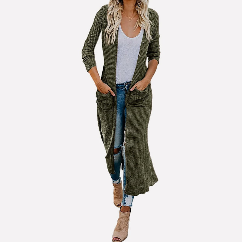 SM-K0074 Langer, einfarbiger Strickjackenmantel mit V-Ausschnitt und Taschen SM-K0074 Langer, einfarbiger Strickjackenmantel mit V-Ausschnitt und Taschen