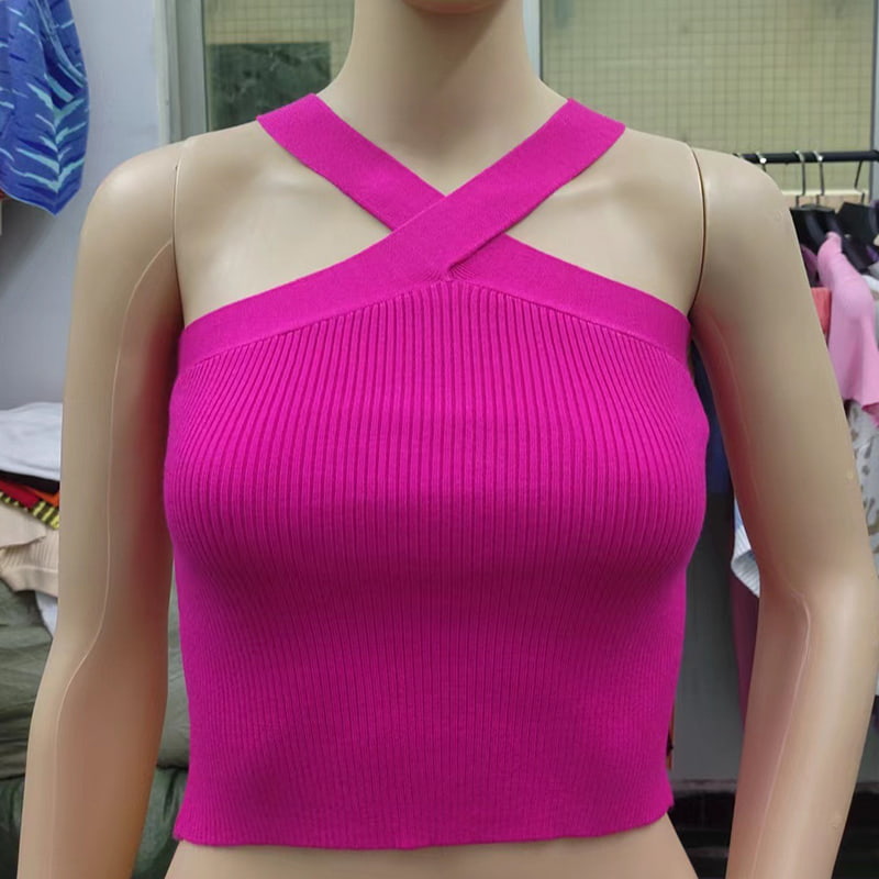 SM-K0106 Ärmellose Strickweste mit Kreuzriemen und hängendem Hals SM-K0106 Ärmellose Strickweste mit Kreuzriemen und hängendem Hals