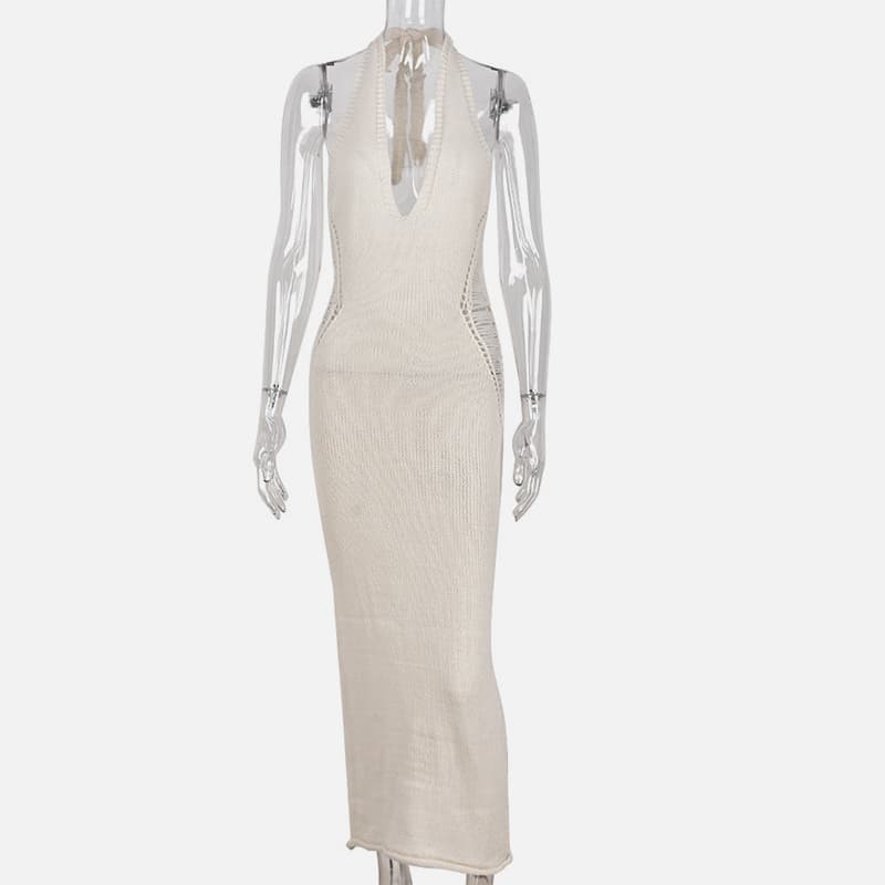 SM-K0073 Einfarbiges Neckholder-Strickkleid mit V-Ausschnitt und ärmelloser Taille SM-K0073 Einfarbiges Neckholder-Strickkleid mit V-Ausschnitt und ärmelloser Taille