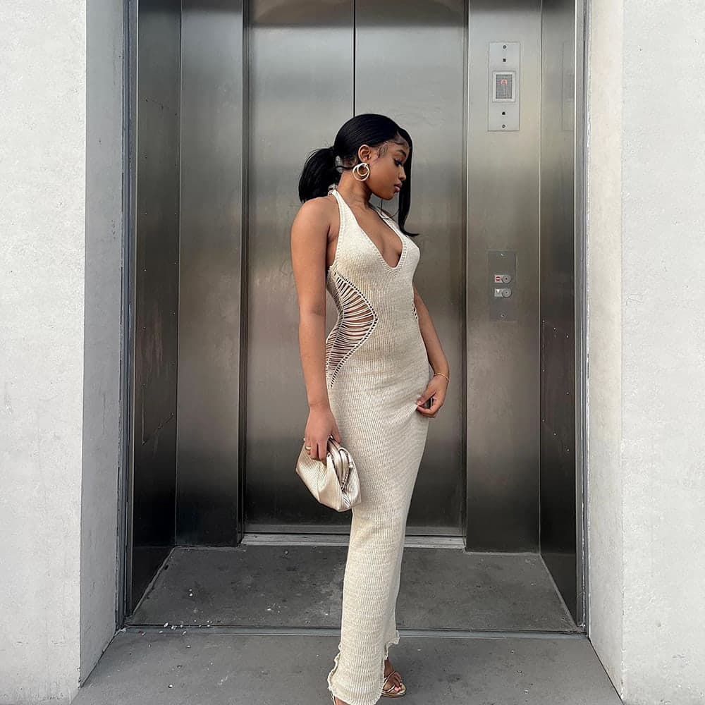 SM-K0073 Einfarbiges Neckholder-Strickkleid mit V-Ausschnitt und ärmelloser Taille SM-K0073 Einfarbiges Neckholder-Strickkleid mit V-Ausschnitt und ärmelloser Taille