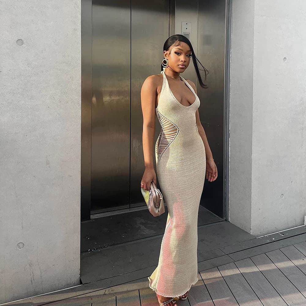 SM-K0073 Einfarbiges Neckholder-Strickkleid mit V-Ausschnitt und ärmelloser Taille SM-K0073 Einfarbiges Neckholder-Strickkleid mit V-Ausschnitt und ärmelloser Taille