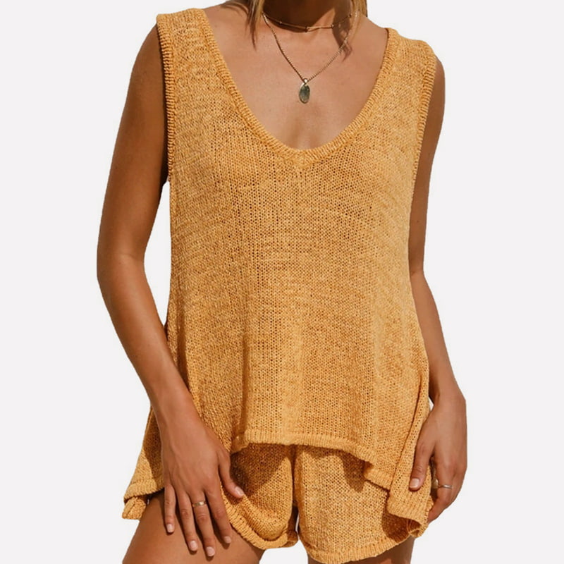 SM-K0102 Lässiger Strickanzug mit einfarbiger Feinstrickweste und Schnürshorts SM-K0102 Lässiger Strickanzug mit einfarbiger Feinstrickweste und Schnürshorts