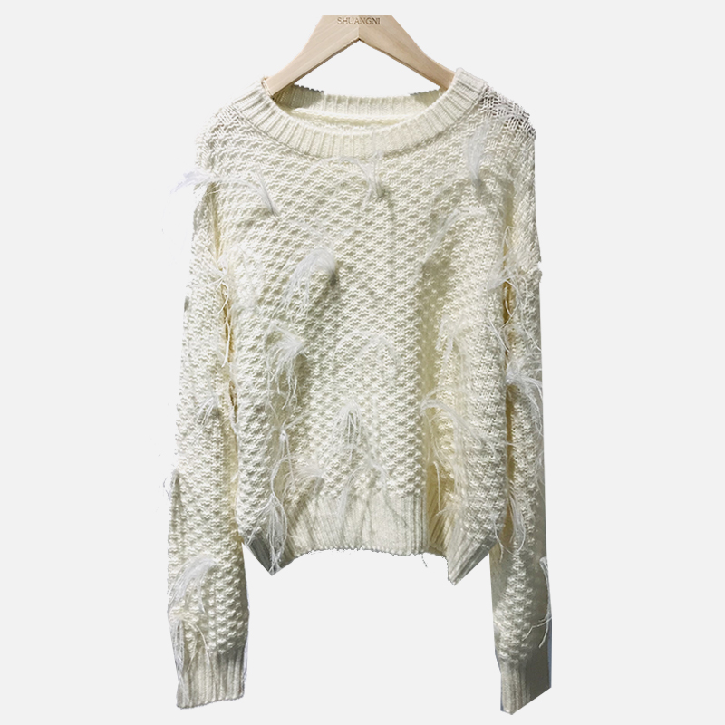 SNS061 Strickpullover mit Federverzierung, Rundhalsausschnitt, Weiß